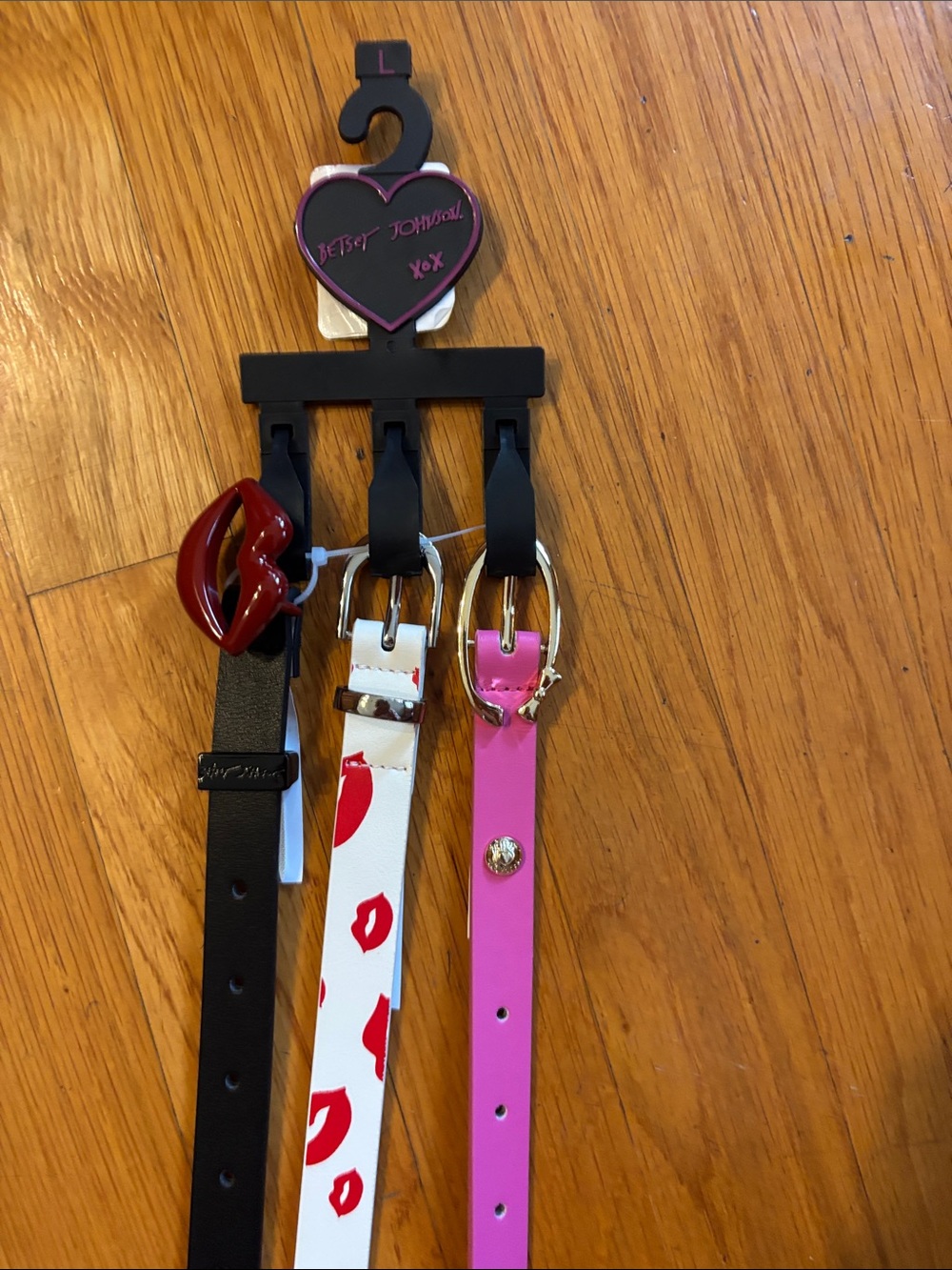 Betsey Johnson Lip Belt Set Black red lip Buckle , White (Lips), Pink Bow L New